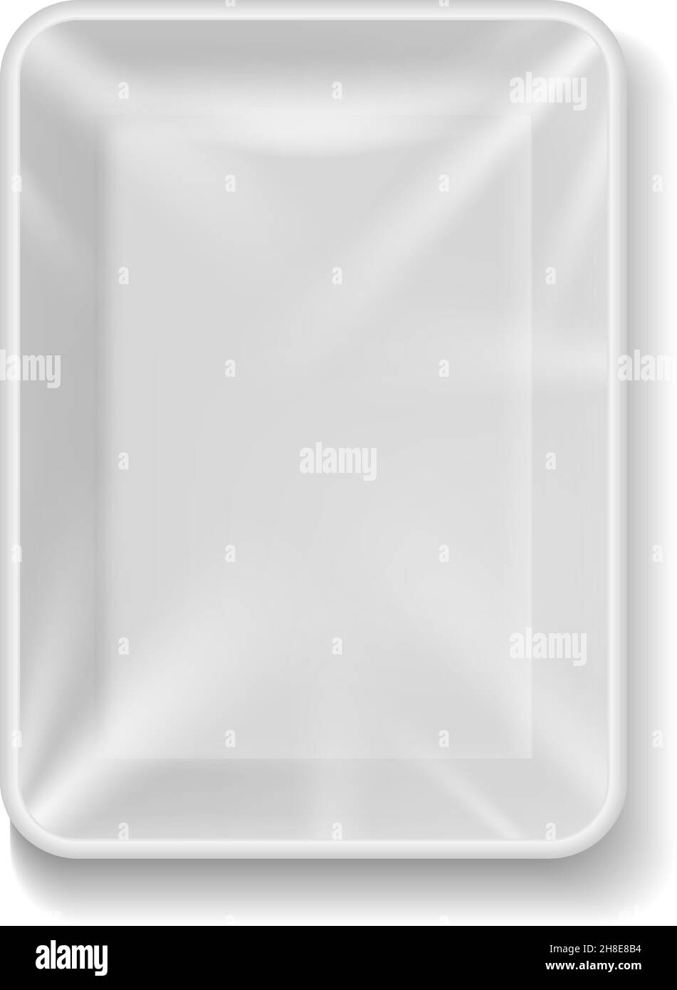 Tray plastic. Food package with transparent wrap. Realistic white empty container for vegetables, fruits and meat. Vacuum square lunch or dinner box Stock Vector