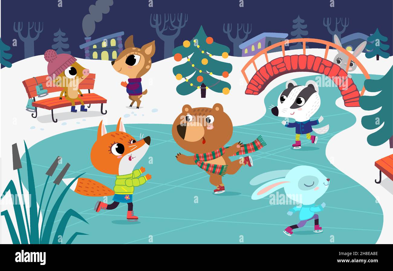 Cute baby animals skate on frozen river. Children have fun in the winter. Little fox, rabbit, badger and bear have fun in the ice rink. Holiday winter Stock Vector