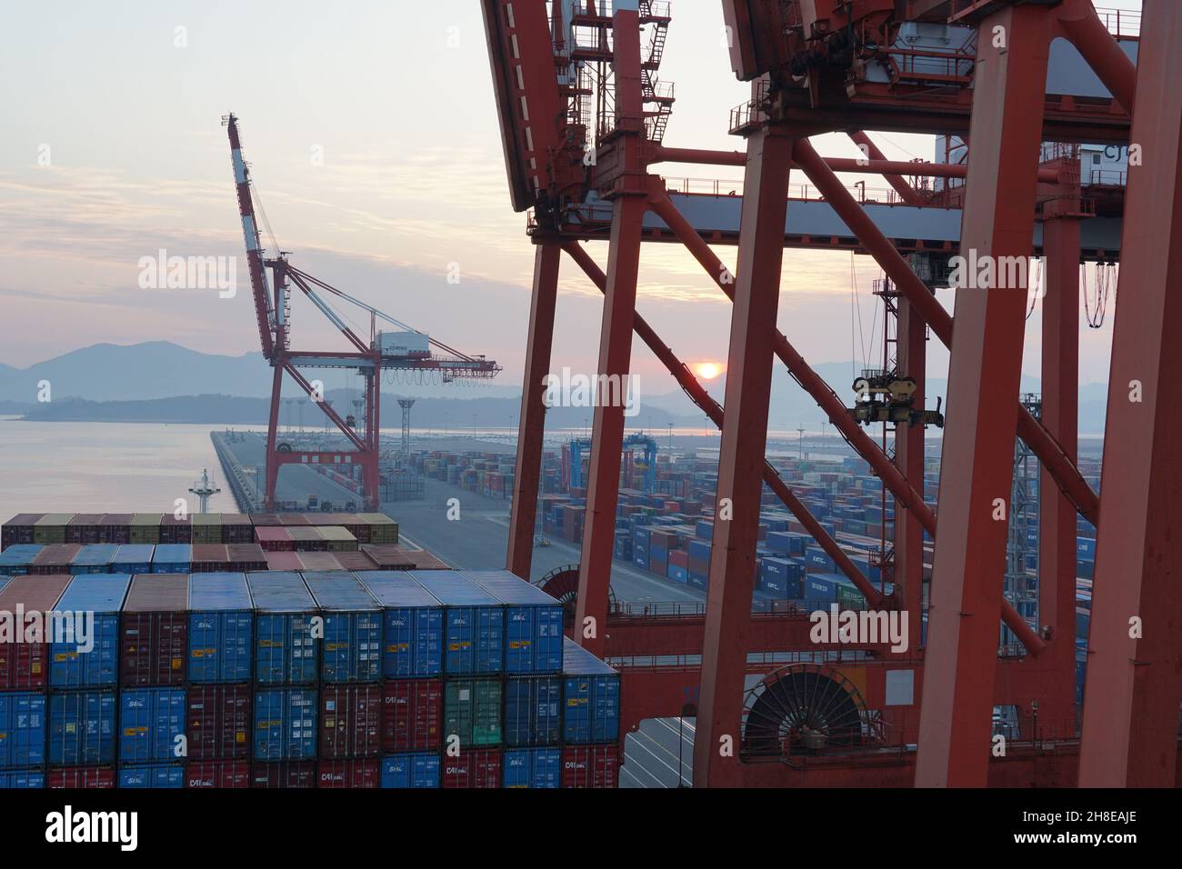 Merchant Container Ship Merchant container ship moored in container terminal to be load and ...