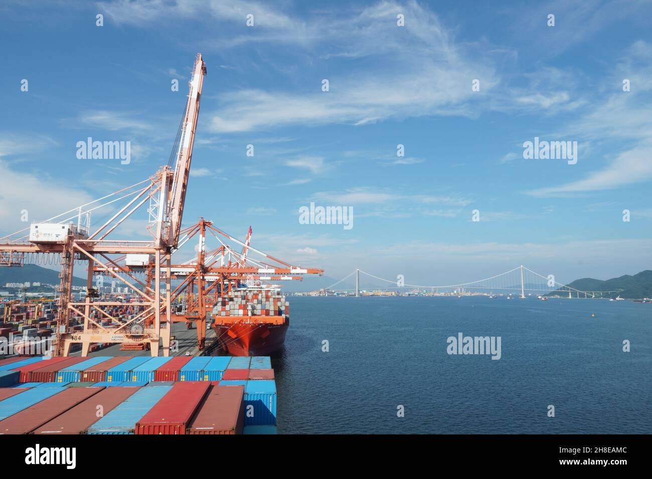 View on second largest container port in Korea, Kwangyang Port in Yeosu, south of Busan City. Stock Photo