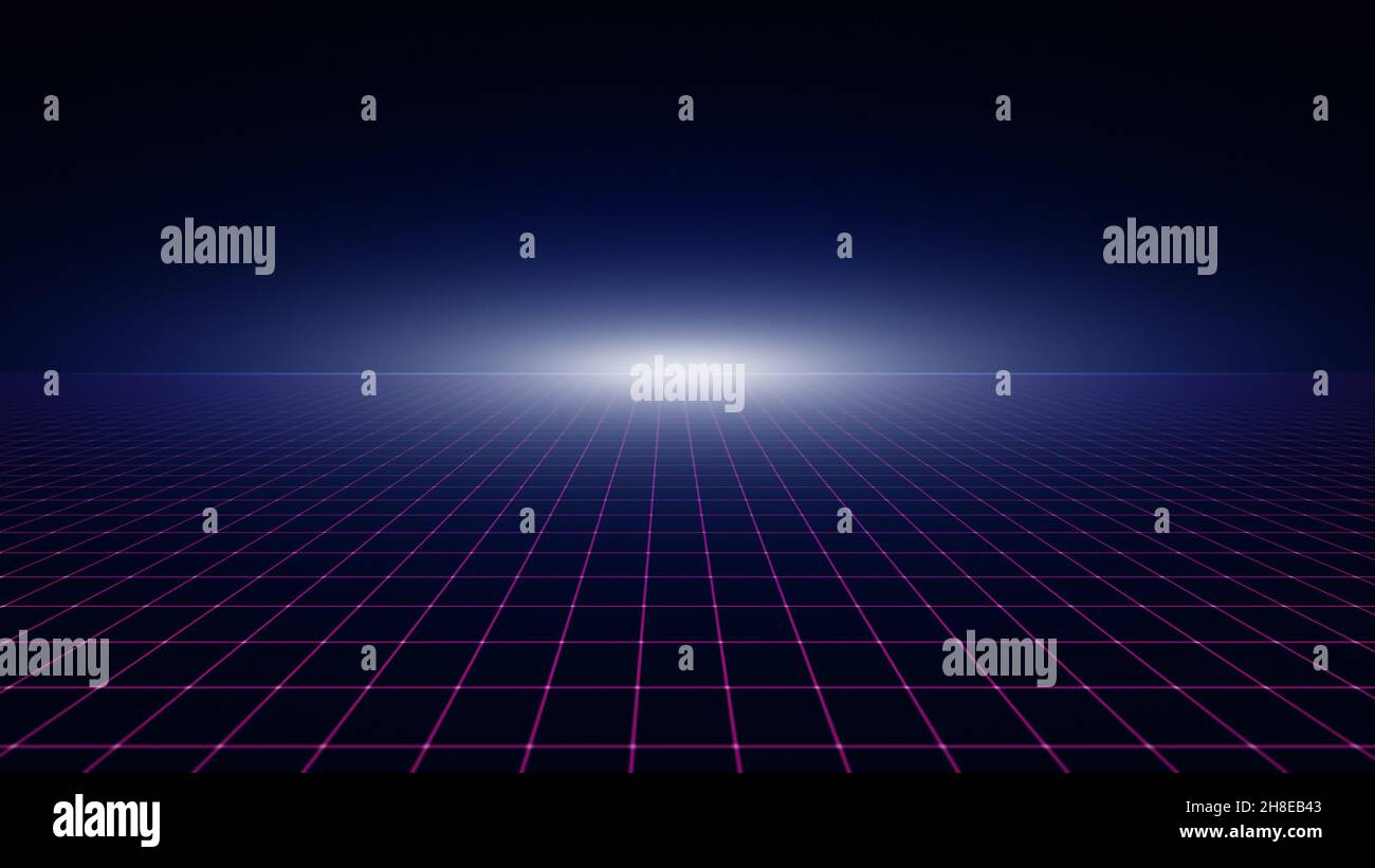 Retro 1980s style background with bright white glow and pink grid with diminishing perspective. Copy space. 4k resolution. Stock Photo
