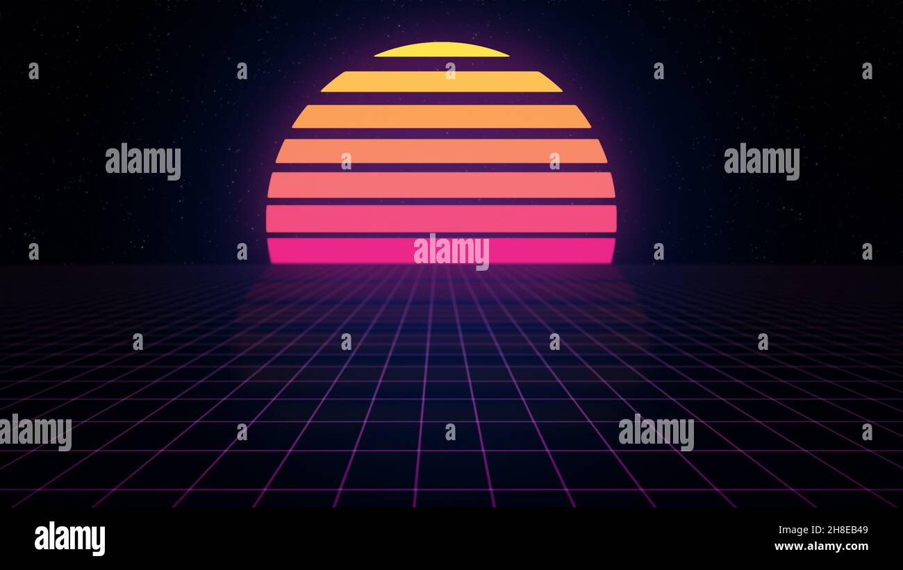 Retro 1980s style background with colorful striped sun or planet, starry night sky and purple grid with diminishing perspective. Copy space. Stock Photo