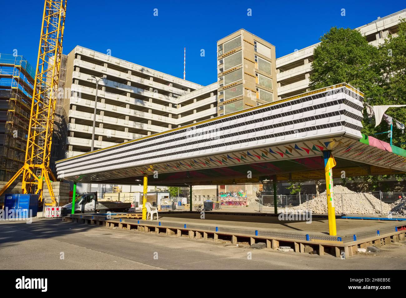 Closed bumper car ride in front of Haus der Statistik, Berlin, Germany