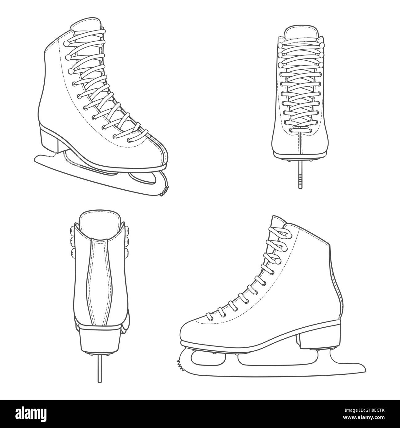 Set of black and white images with skates for figure skating. Isolated vector objects on a white background. Stock Vector