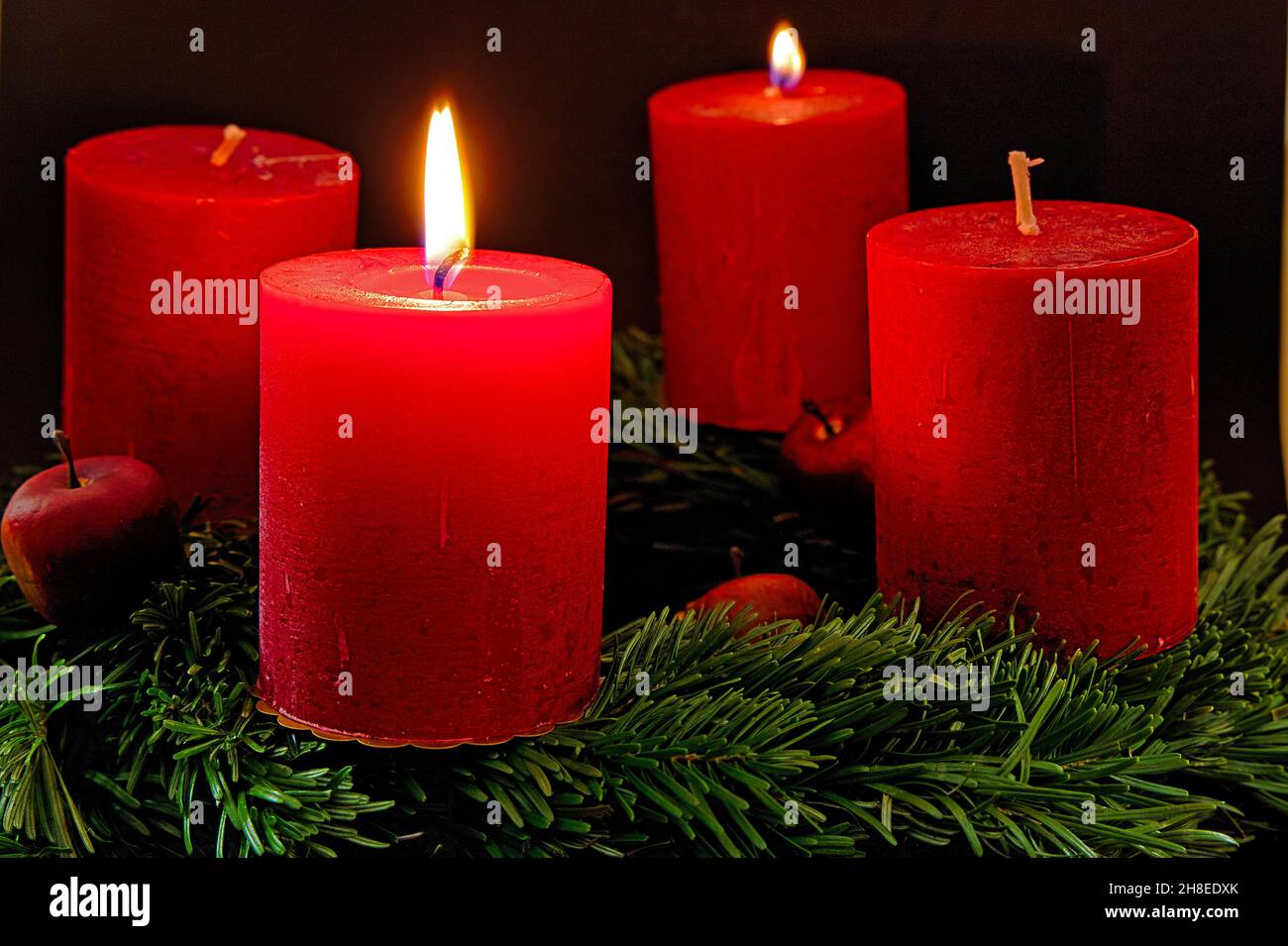 advent wreath with two burning candles for the second advent sunday