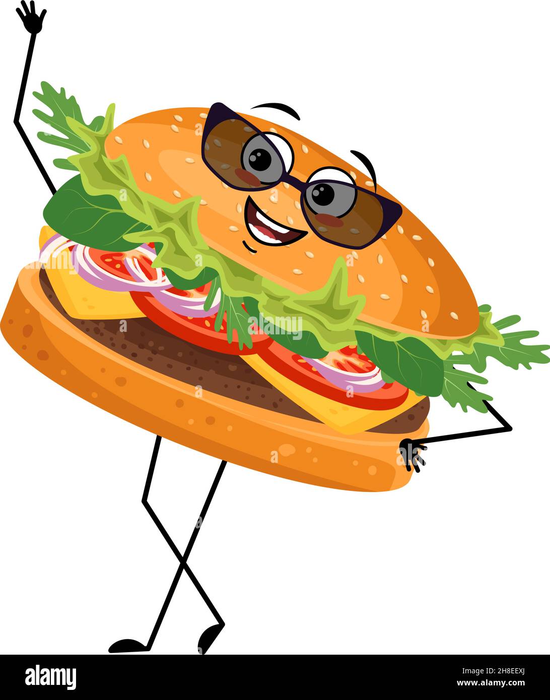 Cute character hamburger with happy emotions, face, smile, eyes, arms and  legs. Cheerful fast food person, sandwich with joyful expression. Vector  flat illustration of products and meat meals Stock Vector Image &