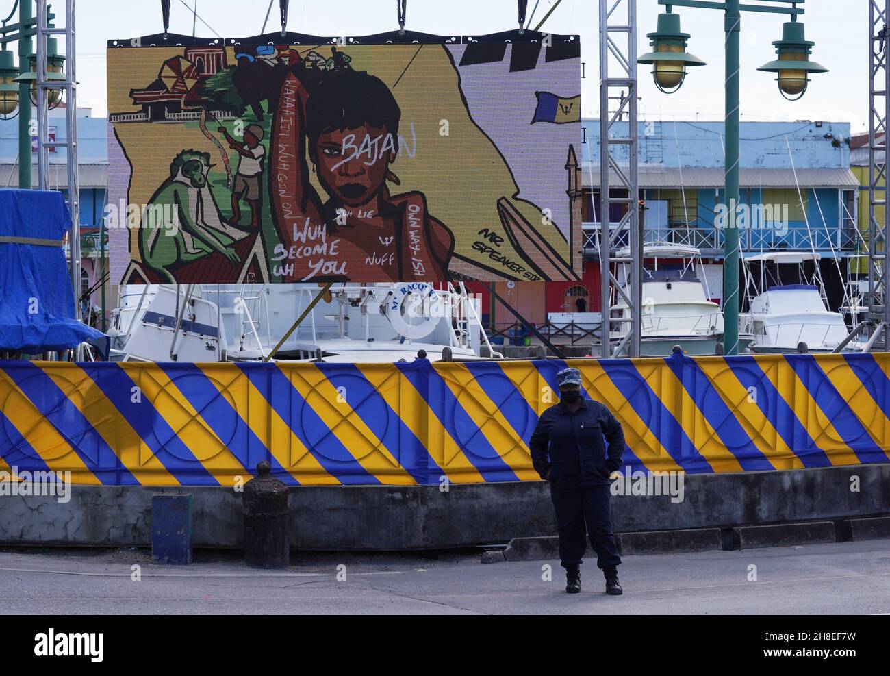 A giant LED displays a cartoon image of the recording artist Rihanna near Heroes Square, Bridgetown, Barbados. At midnight on November 29, 2021, Barbados will officially become a republic in Bridgetown, Barbados. Picture date: Monday November 29, 2021. Stock Photo