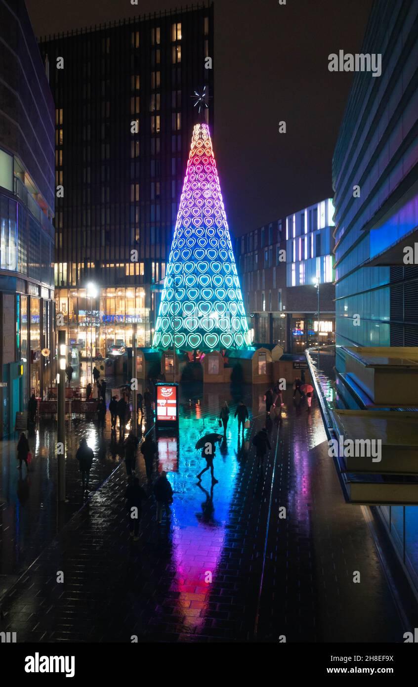 Bar Hütte and hearts filled Christmas tree in Liverpool City Centre at night in the rain Stock