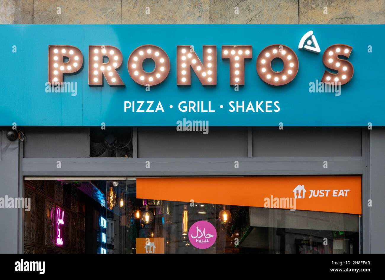 Sign over the entrance to Italian pizzeria Pronto's on Bold Street in