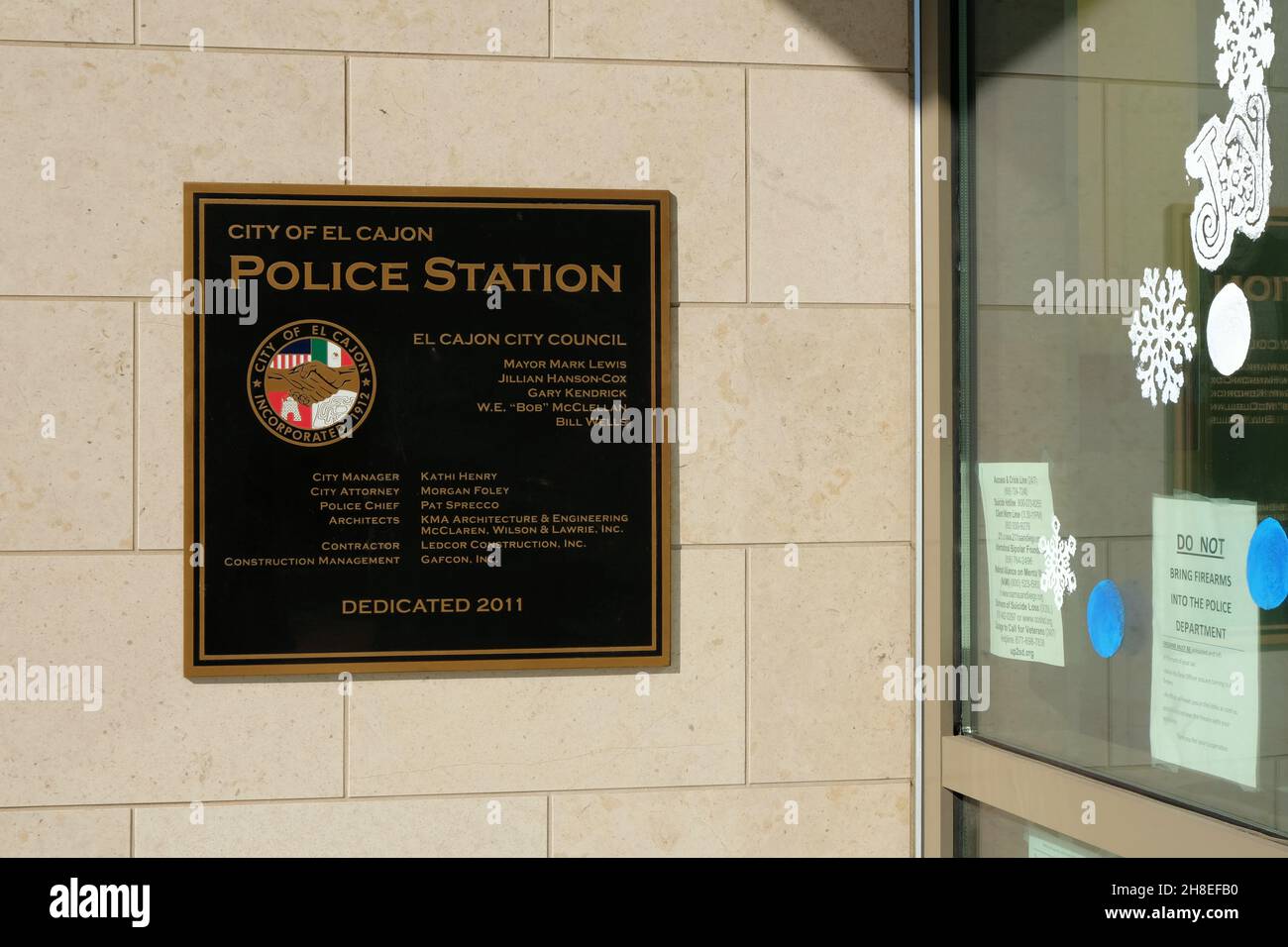 Dedication plaque outside the police department in El Cajon, California