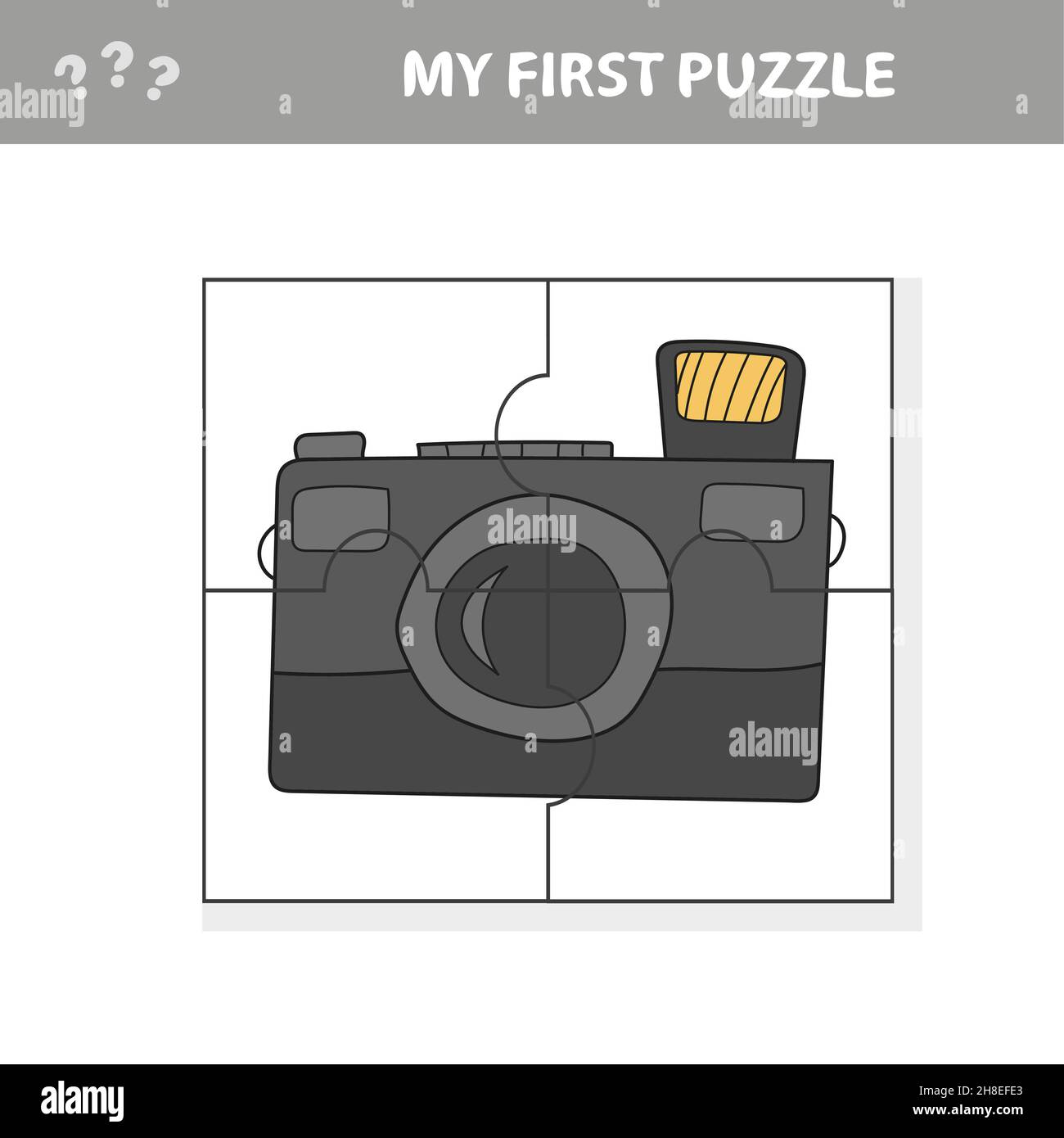 Camera with a lens. Education paper game for preshool children. Vector illustration. Jigsaw