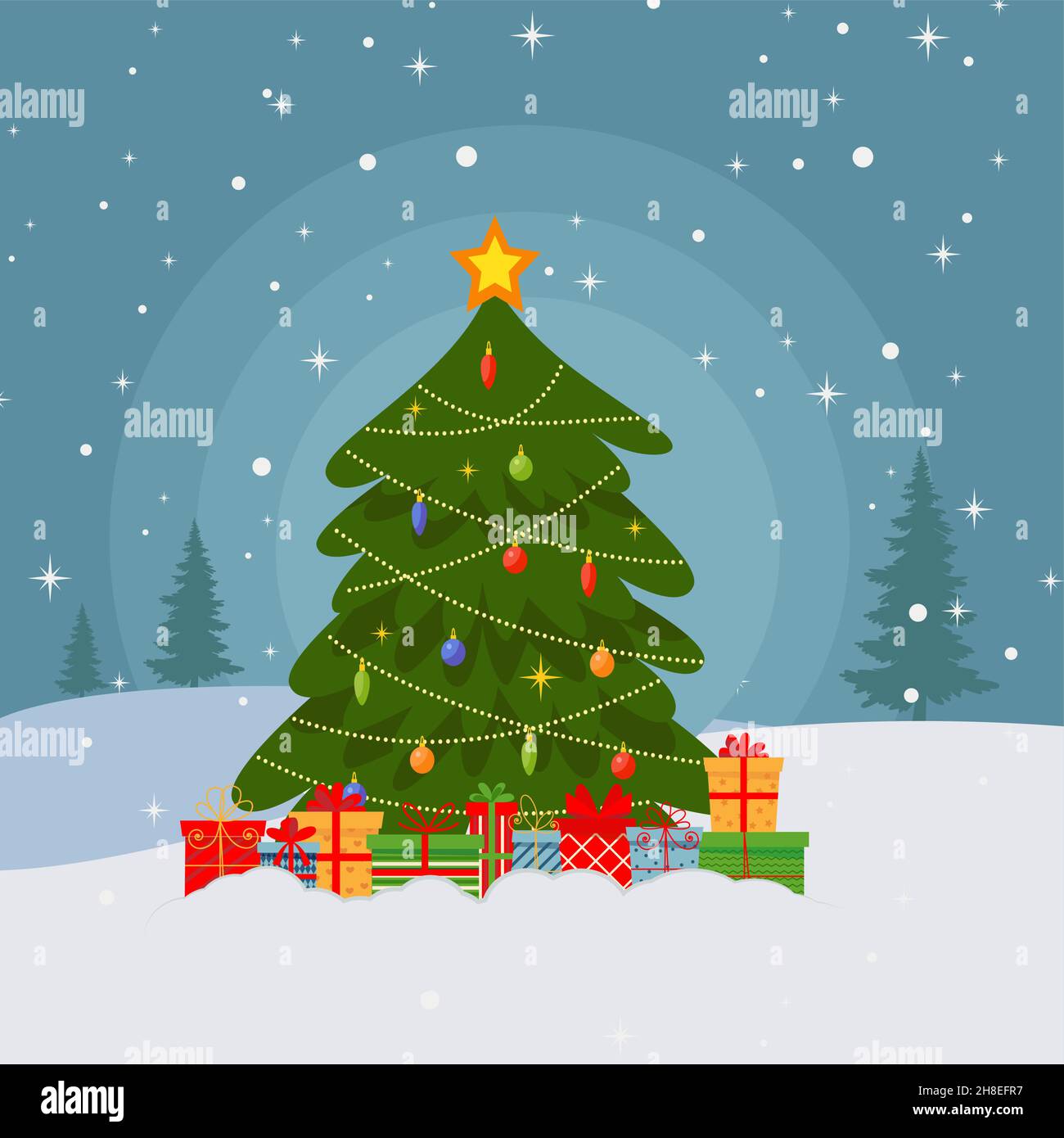 Christmas tree postcard with gifts. Flat style Stock Vector