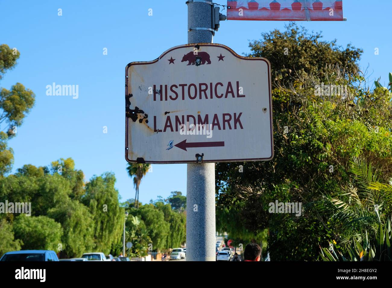Generic California historical landmark sign in San Diego, California with the symbolic grizzly bear (Ursus californicus) found also on the state flag. Stock Photo