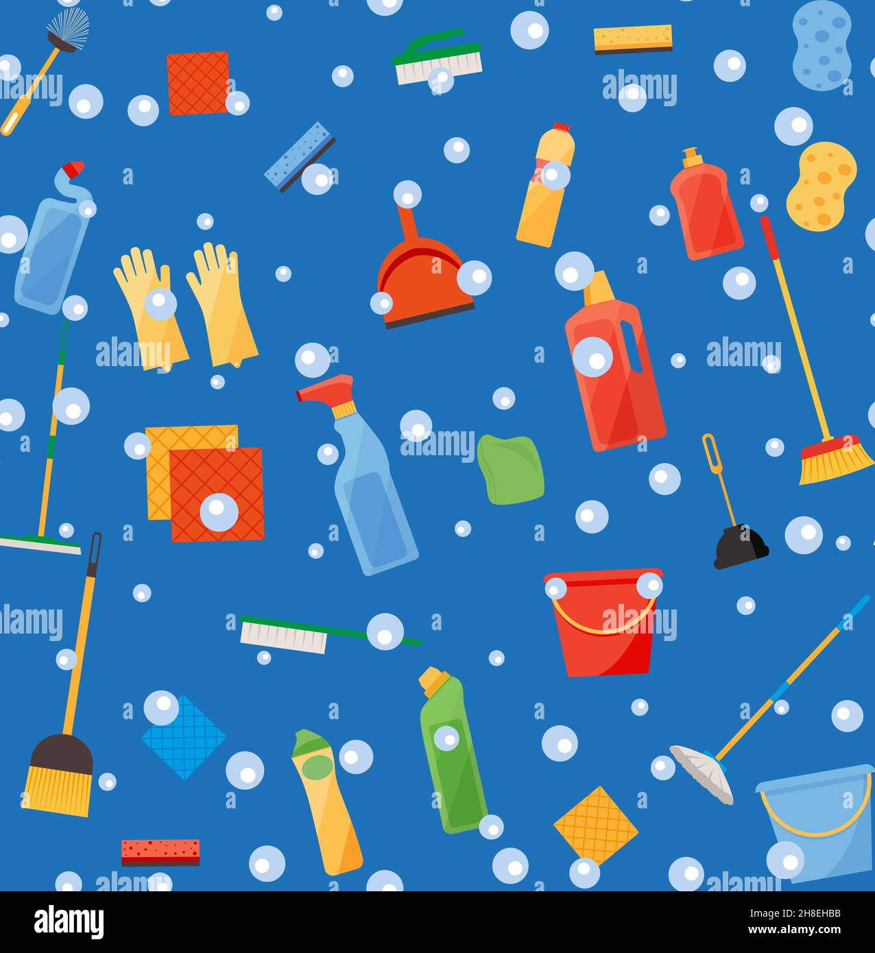 Assorted cleaning items set with brooms, bucket, mops, spray, brushes, sponges. Seamless pattern Eps 10 Stock Vector