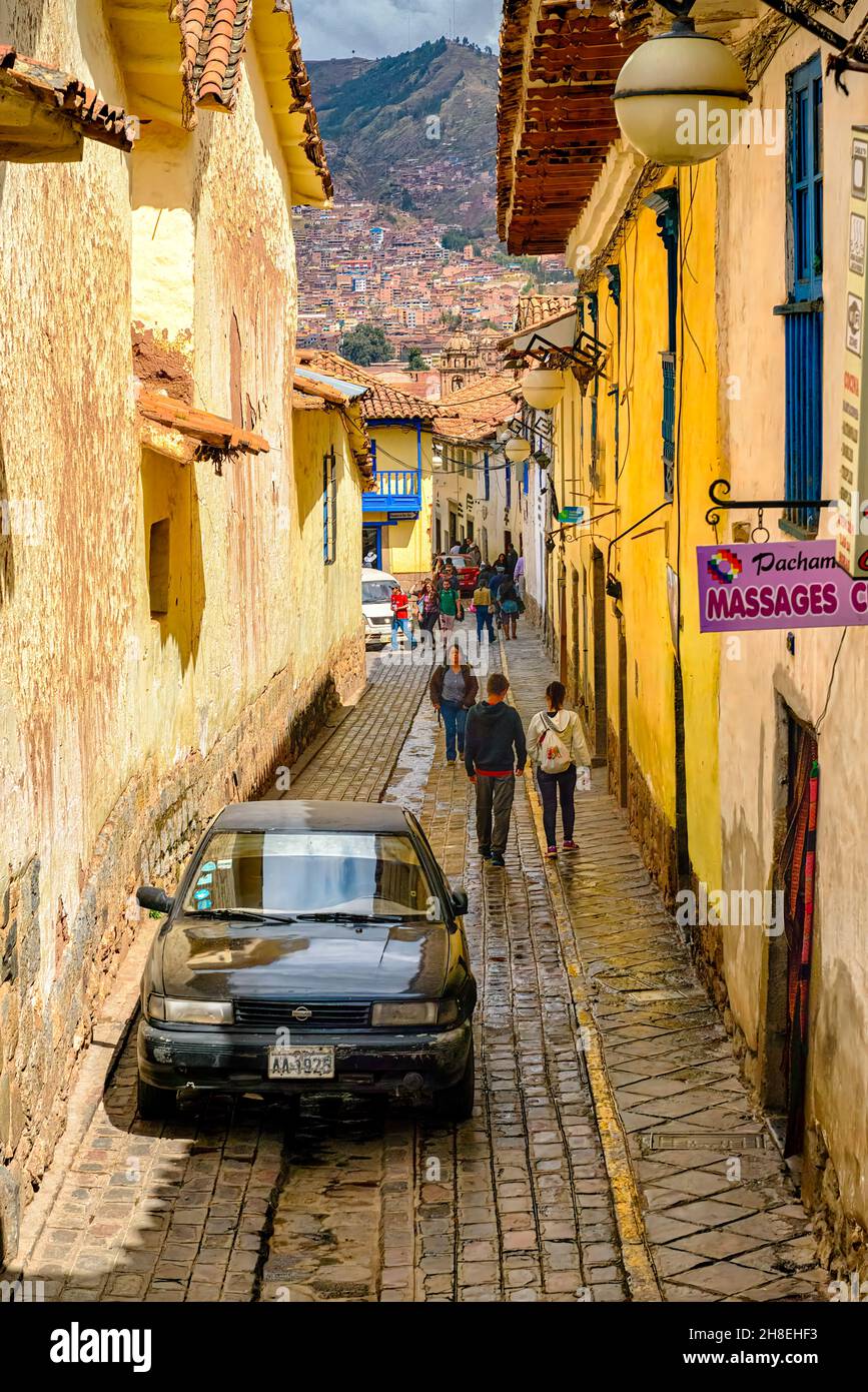 Narrow cobblestone Streets in the San Blas district of Cusco inn Peru Stock Photo