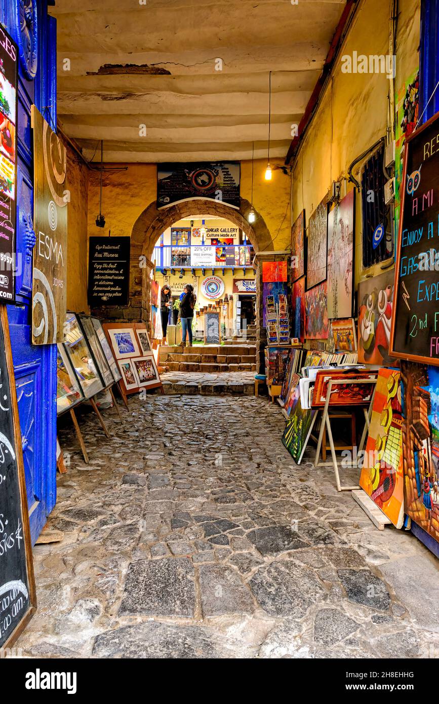 Authentic artwork created by local artisans for sale in San Blas district of Cusco Stock Photo