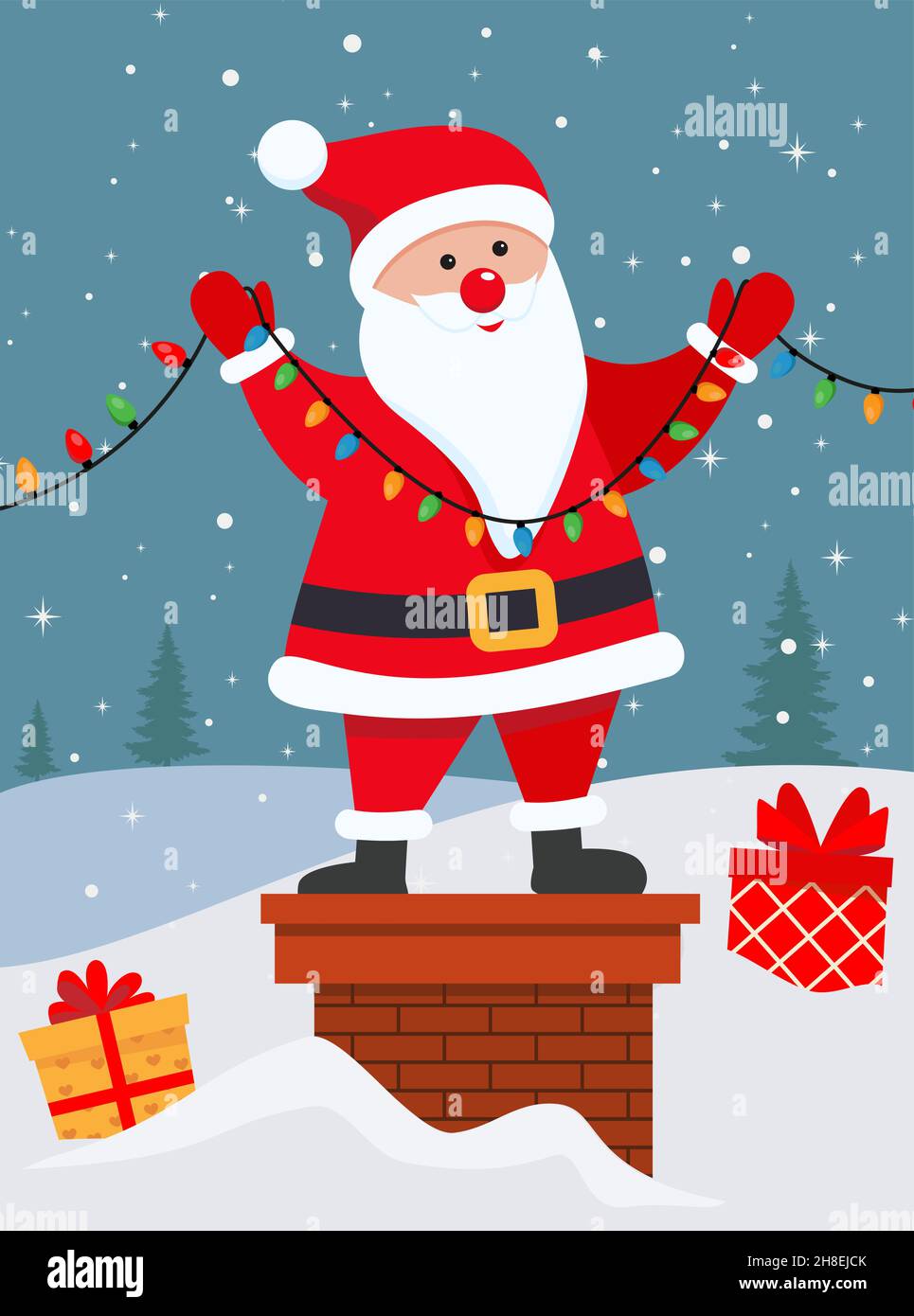 Vector cartoon illustration of cute Santa Claus on the chimney. Christmas greeting card vector illustration design Eps 10 Stock Vector