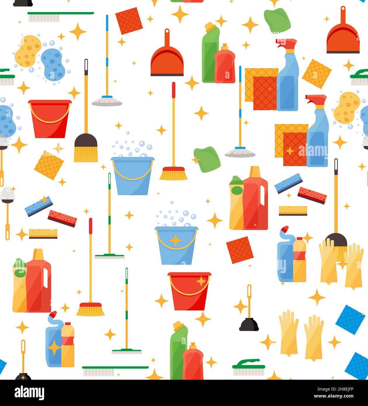 Assorted cleaning items set with brooms, bucket, mops, spray, brushes, sponges. Seamless pattern Eps 10 Stock Vector