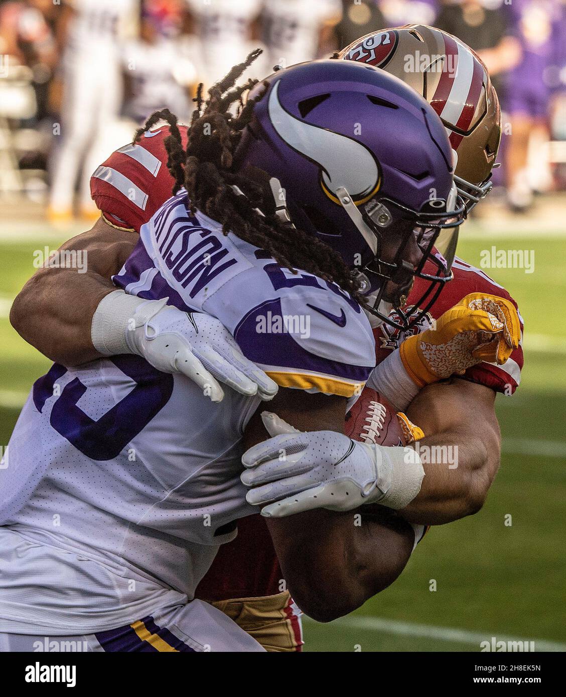 Minnesota Vikings running back Alexander Mattison (2) takes a moment before  an NFL football game against the New York Jets, Sunday, Dec. 4, 2022 in  Minneapolis. (AP Photo/Stacy Bengs Stock Photo - Alamy