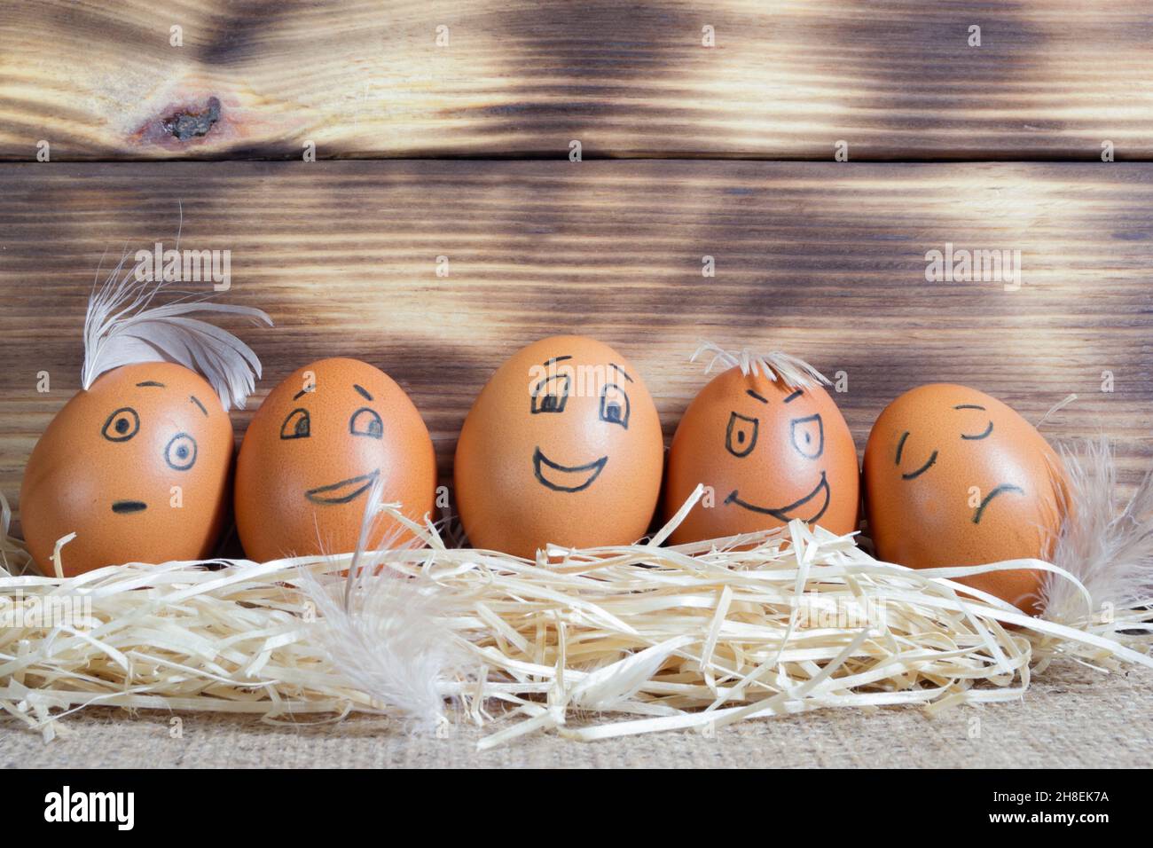 Five brown eggs with funny faces on wooden background Stock Photo