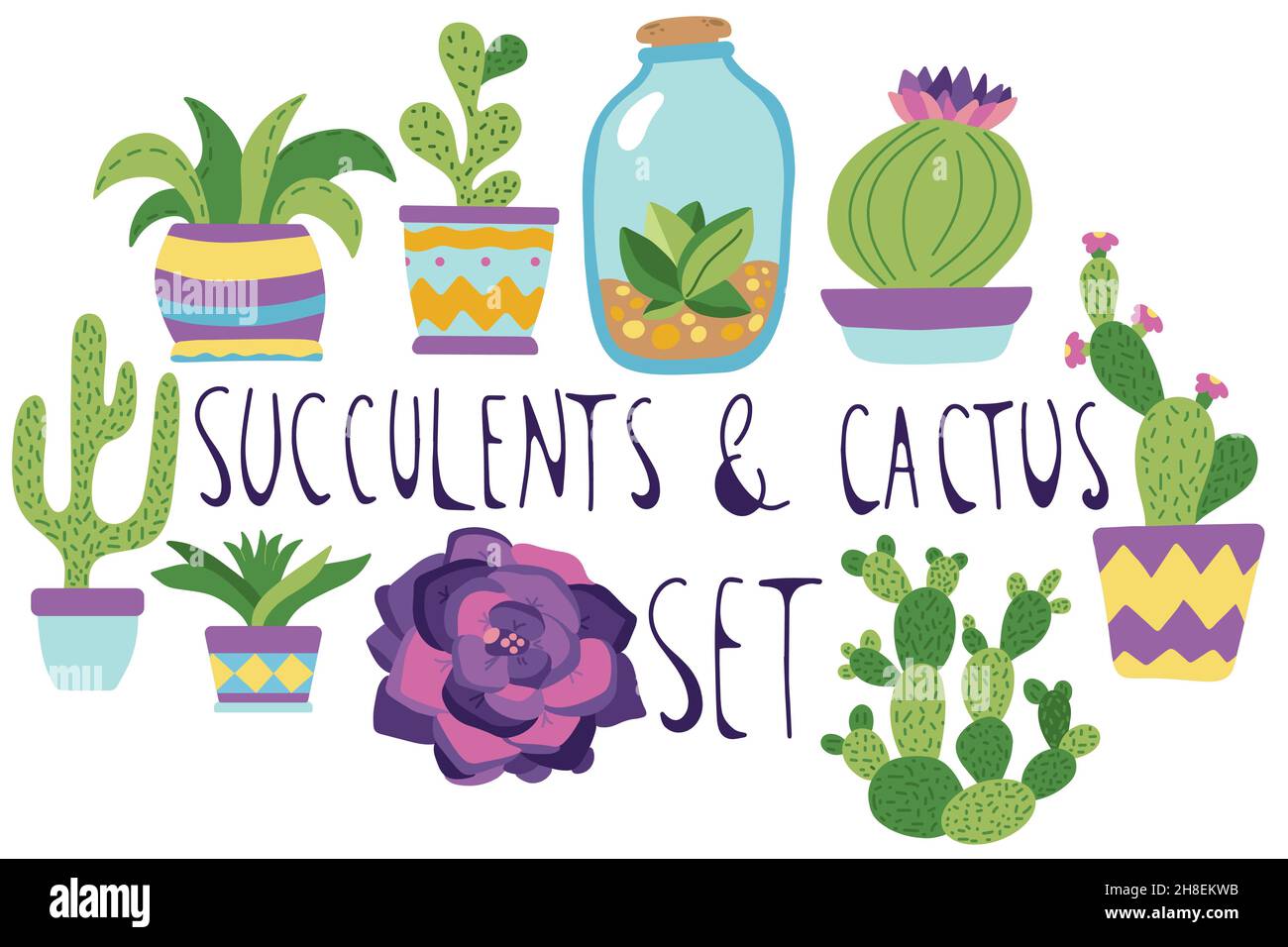 Set with succulents and cactus in a hand drawn doodle style, isolated on a white background. Stock Vector