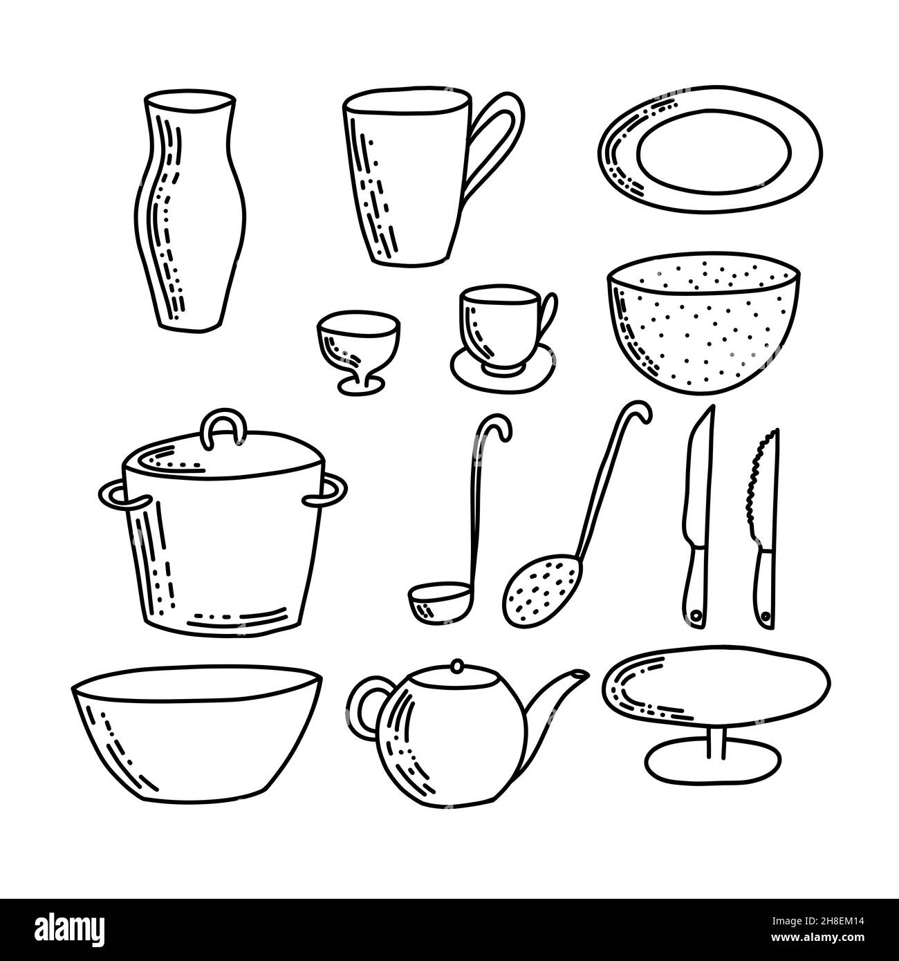 Cute handmade kitchen ware collection. Flat vector illustration. Decorative tableware isolated on white background. Kitchen utensils Stock Vector