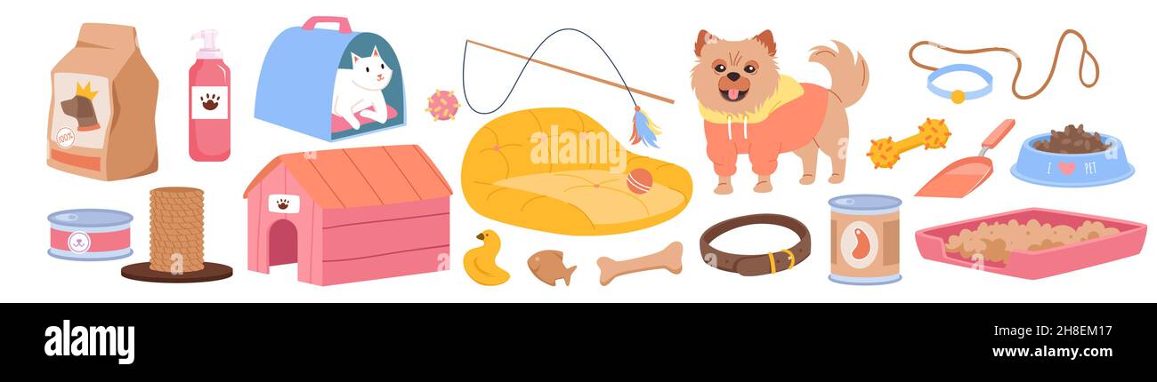 Pet stuff set for shop or salon for domestic animal, accessory collection for cat and dog Stock Vector