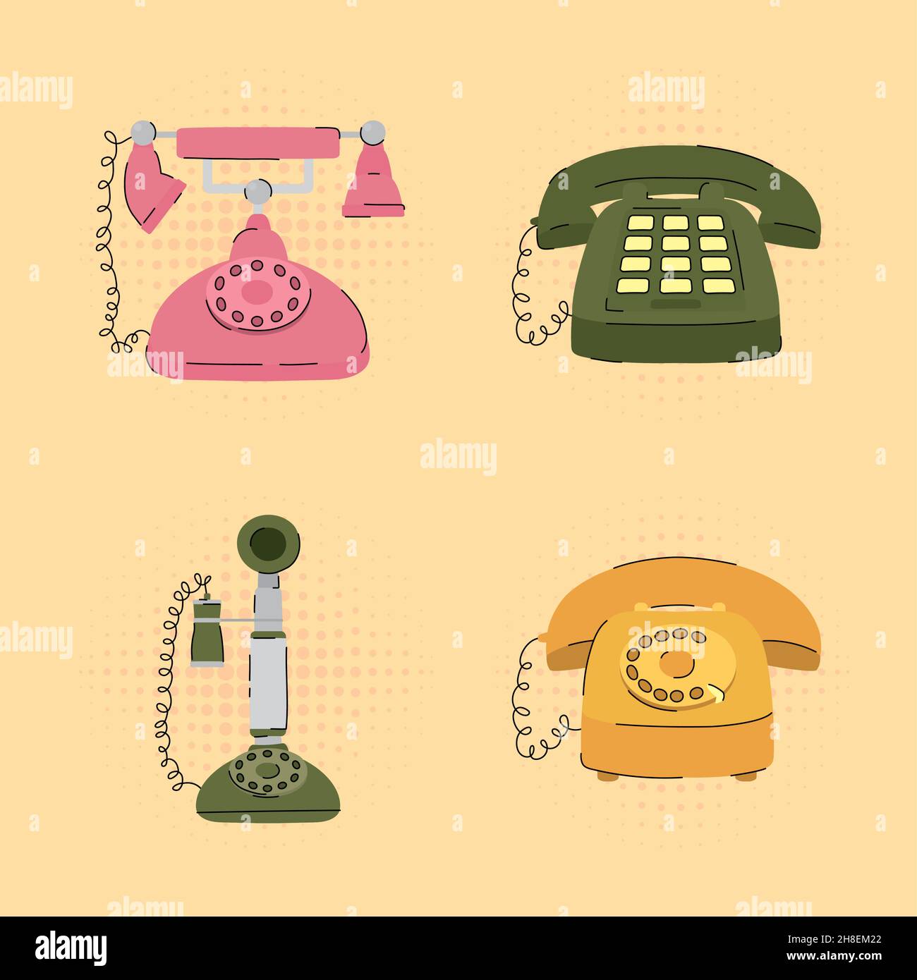vintage telephones icon set on yellow background Stock Vector Image ...