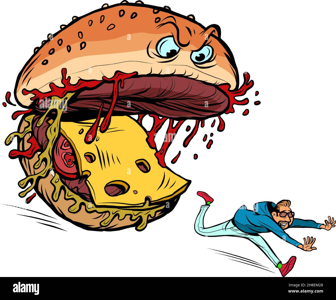 Cheeseburger monster character eats a human. Dangerous fast food. Food Attack Stock Vector