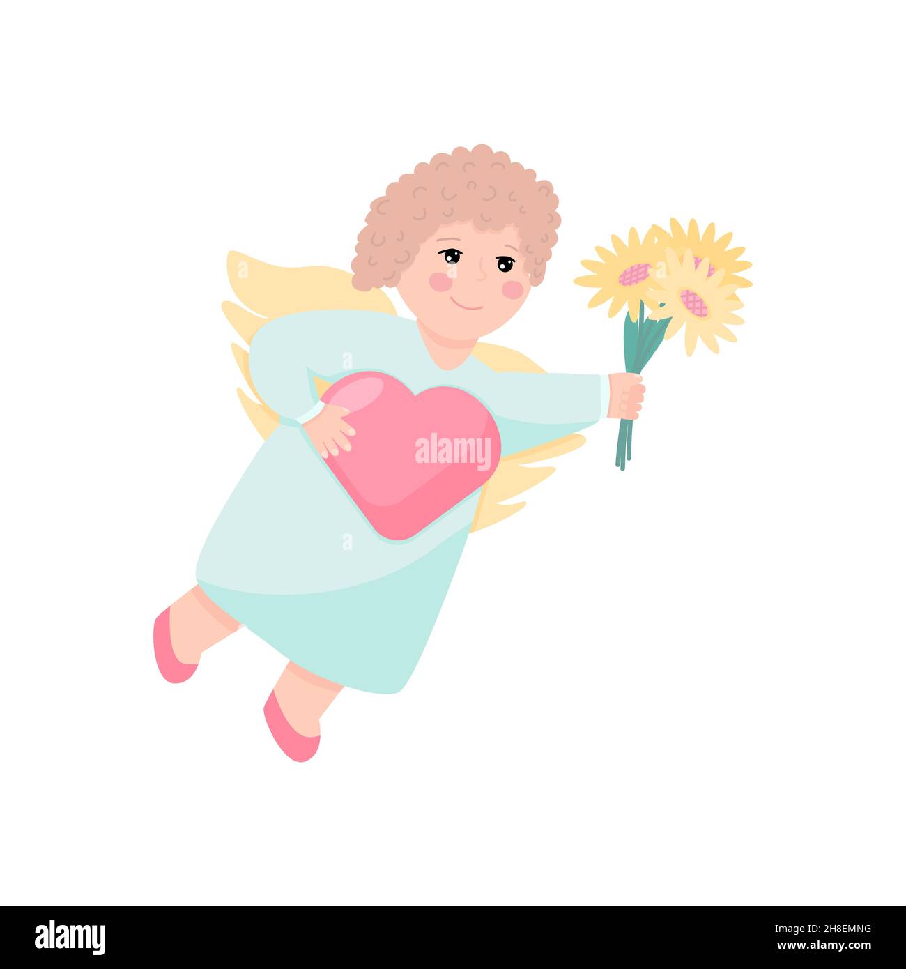 Adorable angel flat vector illustration. Funny cute child with wings cartoon characters. Happy girl holding heart and flowers Stock Vector