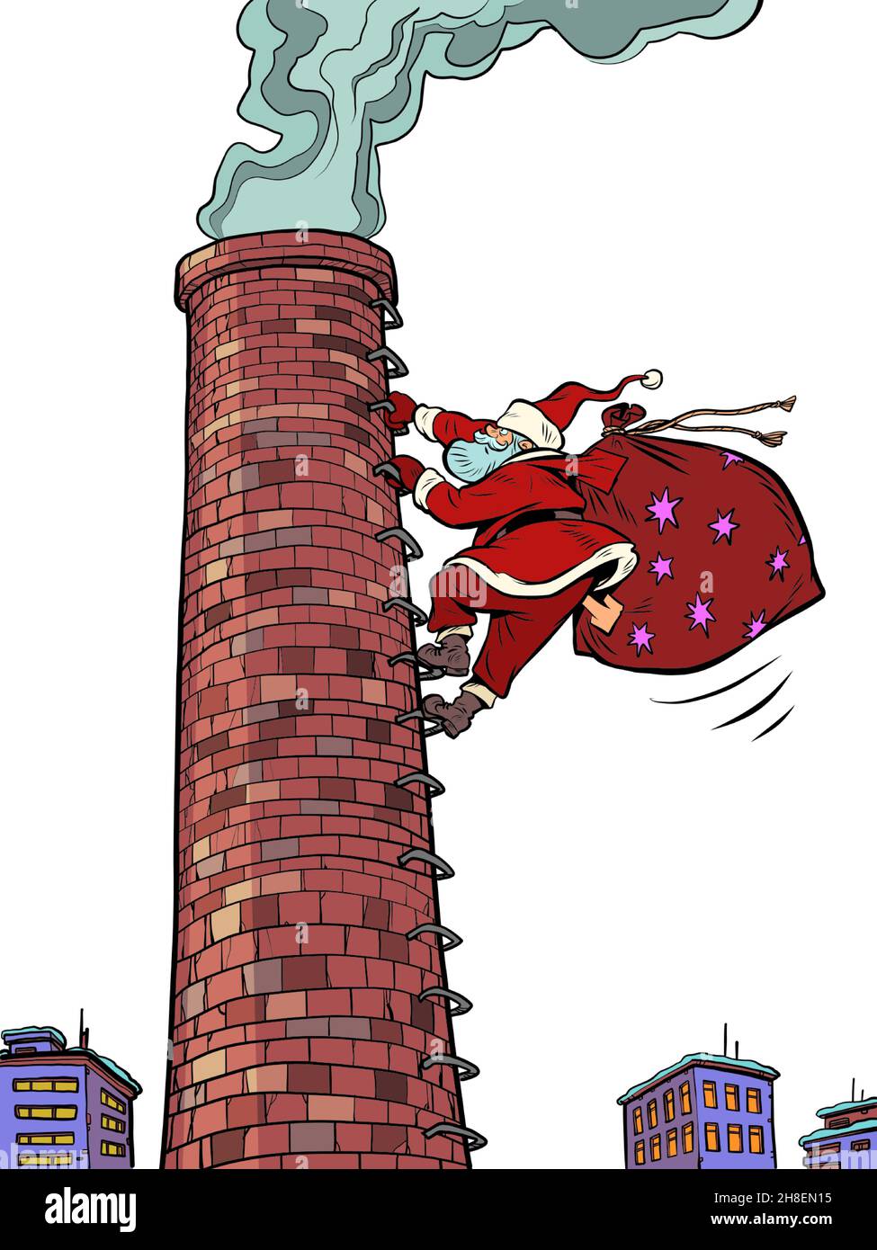 Santa Claus climbs the factory big pipe. Christmas and New Year. Winter seasonal holiday Stock Vector