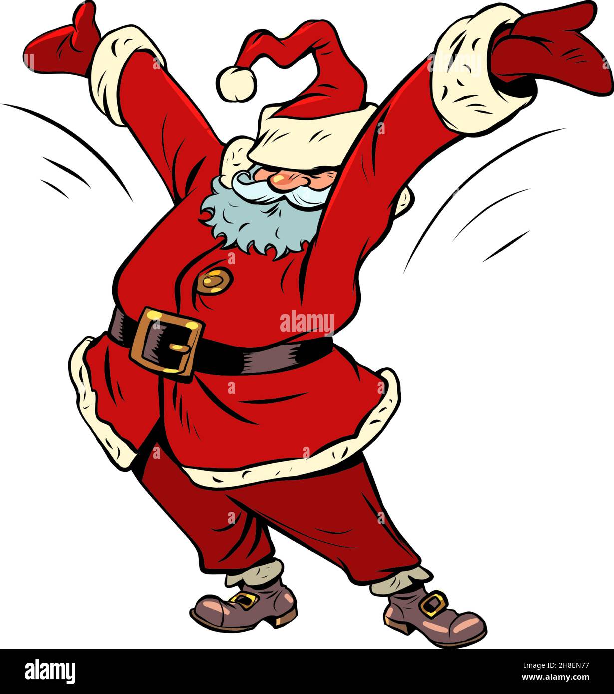 Funny Santa Claus is greeted by a cheerful pose. Christmas and New Year. Winter seasonal holiday Stock Vector