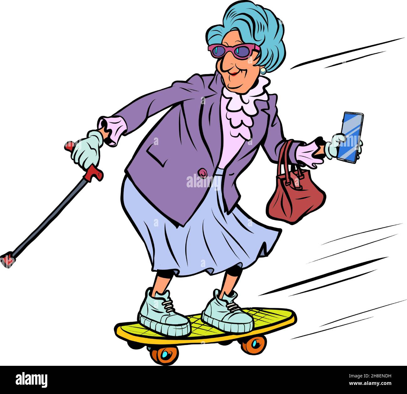 grandma rides a skateboard, active recreation of the elderly. Street sports Stock Vector