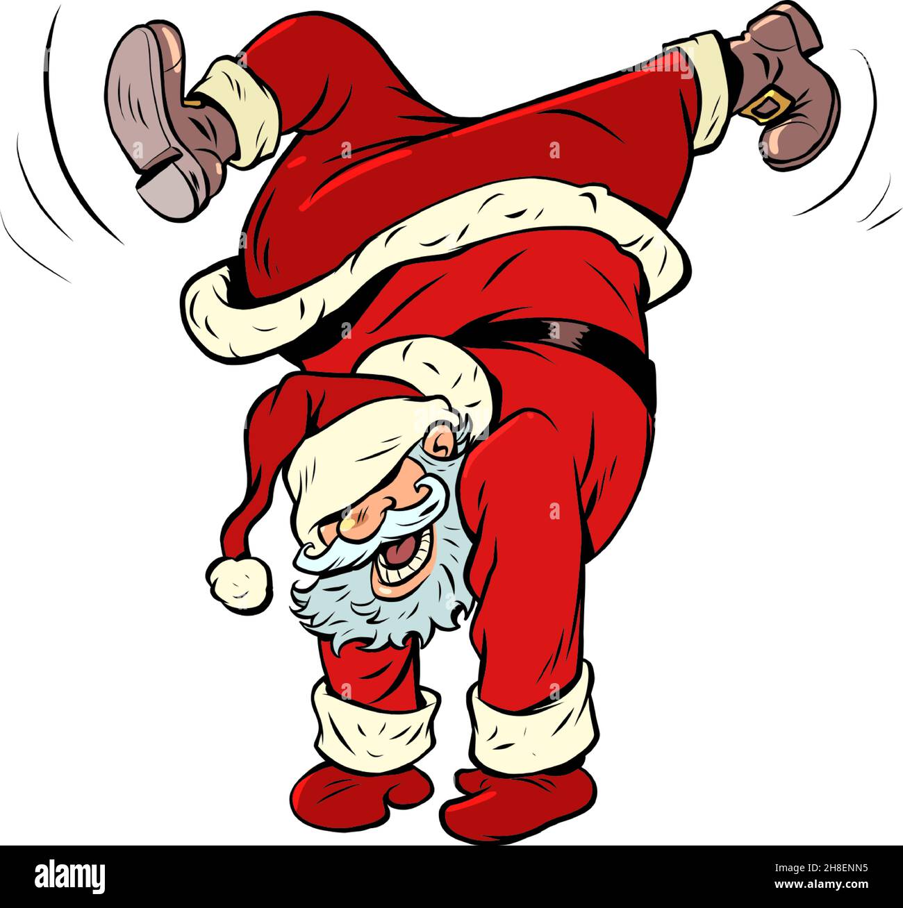 Santa Claus dancing, handstand. Christmas and New Year. Winter seasonal holiday Stock Vector