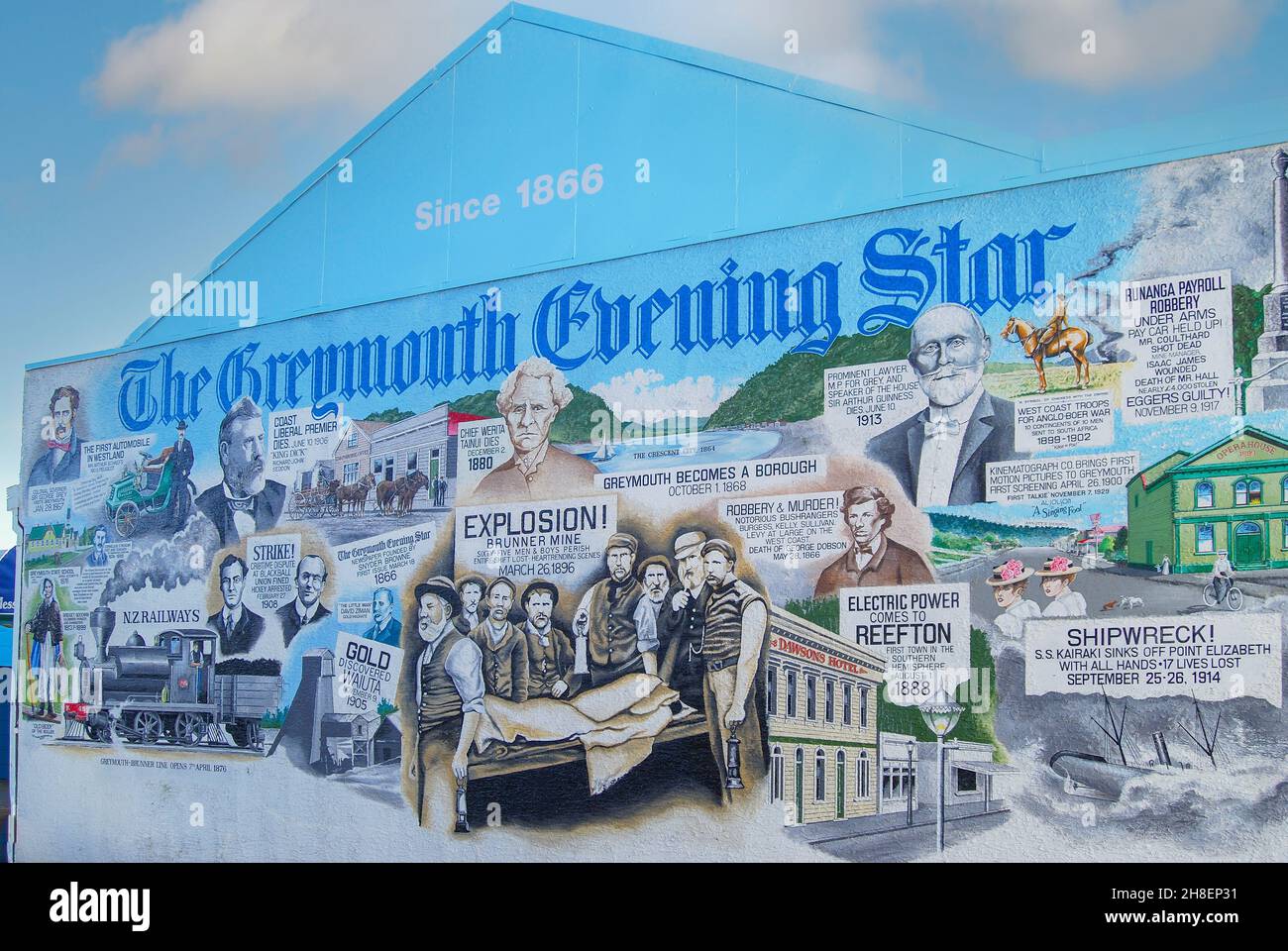 Greymouth Evening Star mural, Greymouth, West Coast, South Island, New Zealand Stock Photo