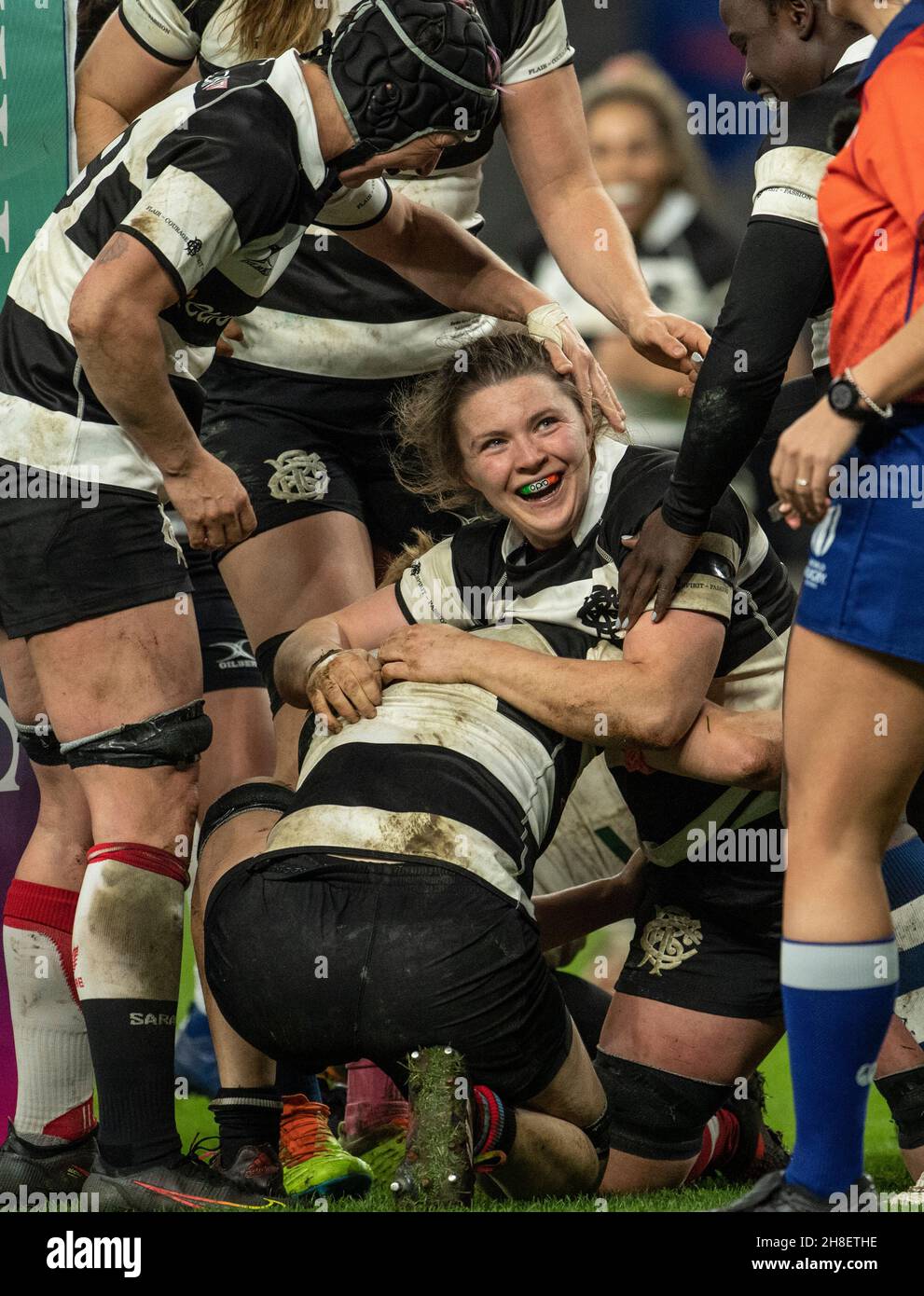 Barbarians’ Ciara Griffin celebrate during the Women's International Rugby Killik Cup match between Barbarian Women and Springbok Women's XV at Twickenham Stadium. Stock Photo