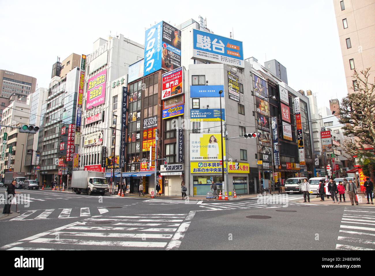 Guitar and other musical instrument shops and stores line both sides of Ochanomizu Street in