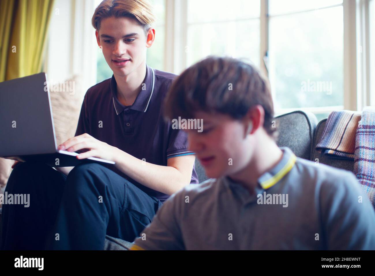 Teenage boys with laptop in living room Stock Photo - Alamy