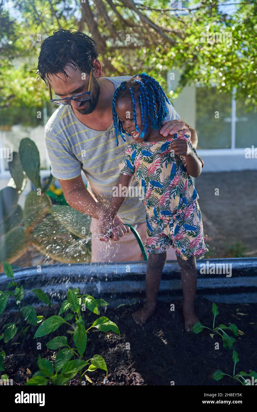 Father and toddler daughter watering plants in garden Stock Photo