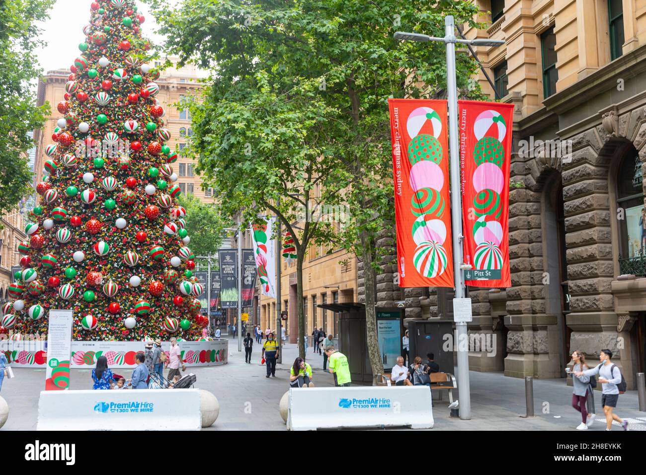 Sydney Christmas 2021, giant public Christmas tree and Christmas banners on display in Martin
