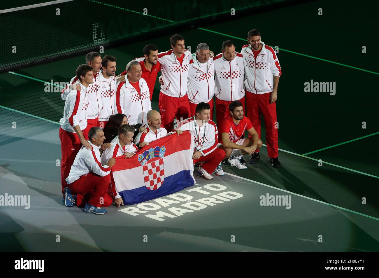 Turin, Italy, 29th November 2021. The Croatia team pose for a photo  following the quarter final doubles victory of Mate Pavic and Nikola Metic  over Fabio Fognini and Jannik Sinner of Italy