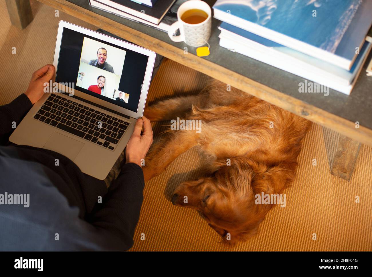 Dog sleeping below man video conferencing with colleagues on laptop Stock Photo