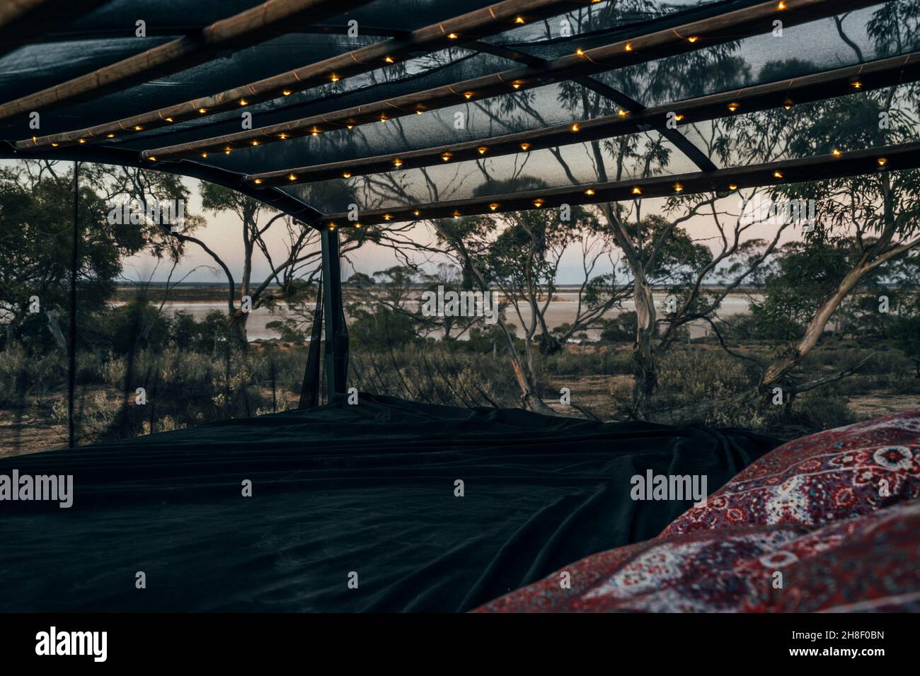 Glamping screened tent in Australian bush Stock Photo