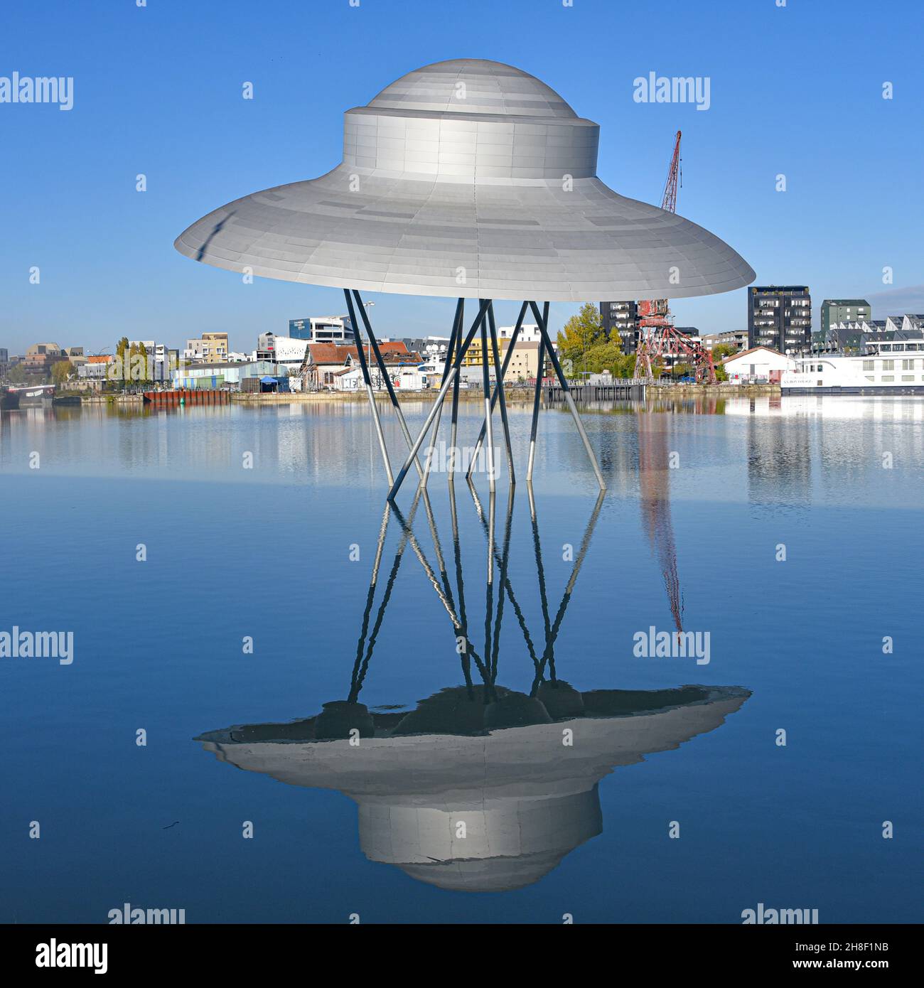 Bordeaux, France - 7 Nov, 2021: Flying Saucer Art Work by Suzanne Treister in the Bordeaux quayside Stock Photo