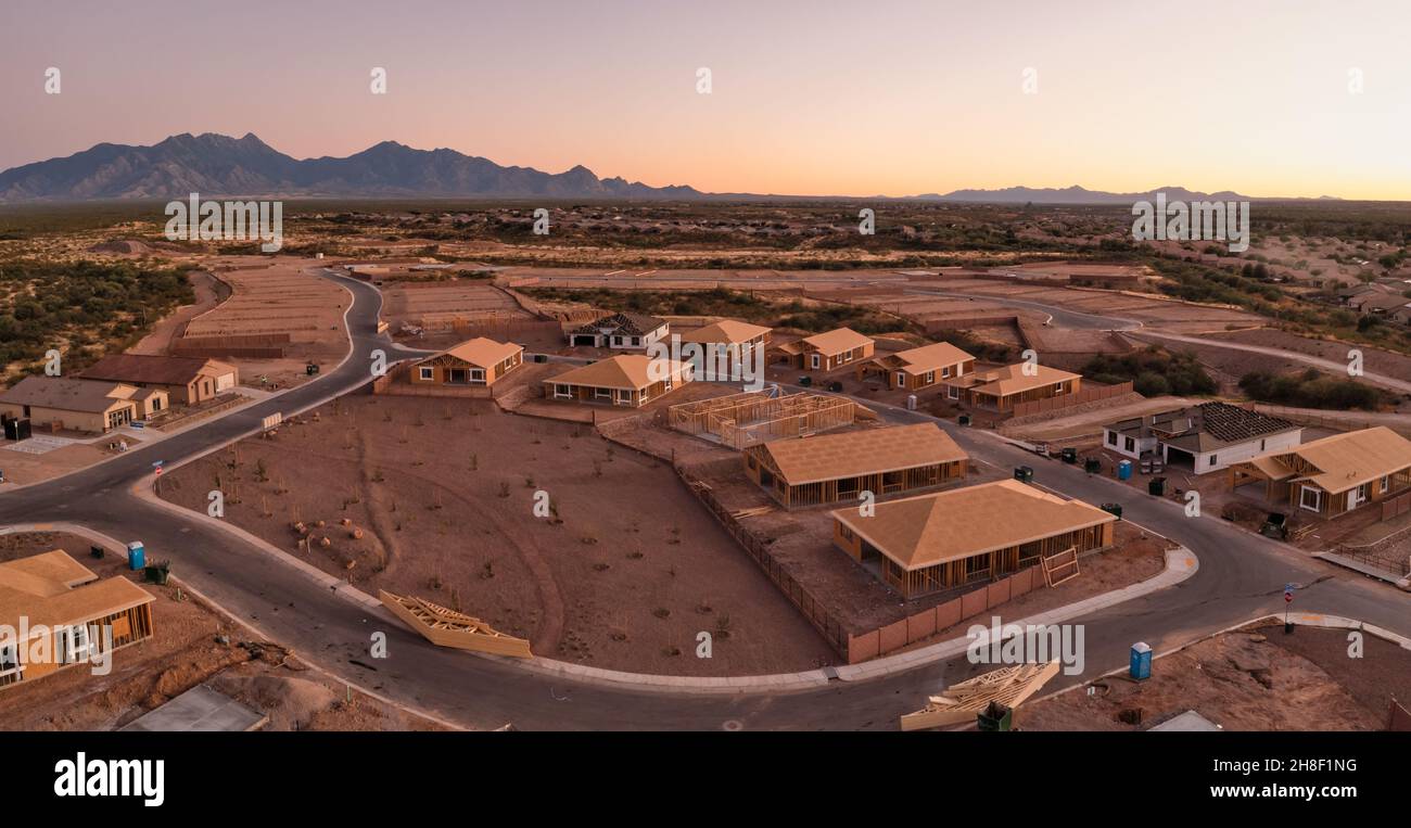 New home construction in Sahuarita Arizona, aerial at sunset Stock