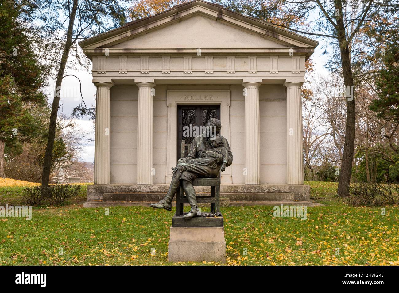 A sculpture in front of the Mellon Family mausoleum in the Homewood