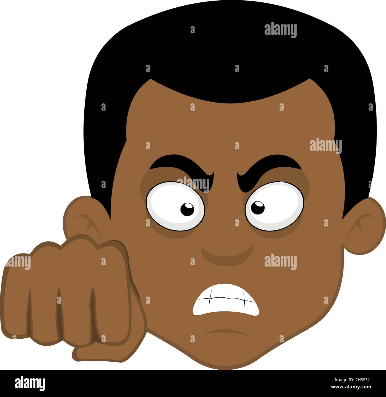 Vector illustration of a cartoon man's face with an angry expression and giving a fist bump Stock Vector