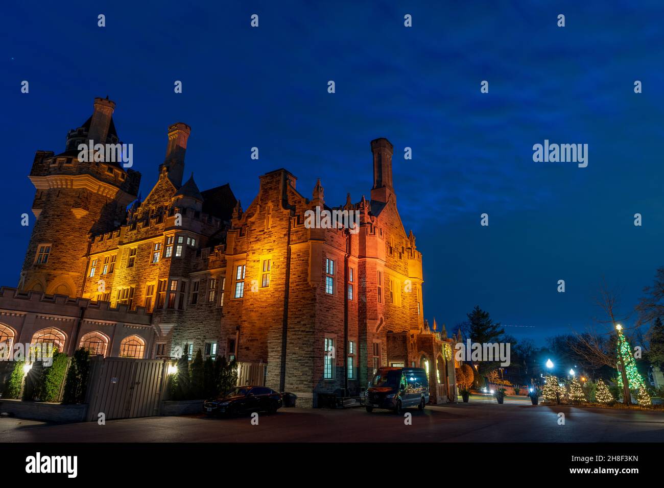 Casa Loma winter night illumination. historic castle in Toronto city. Ontario, Canada. Stock Photo