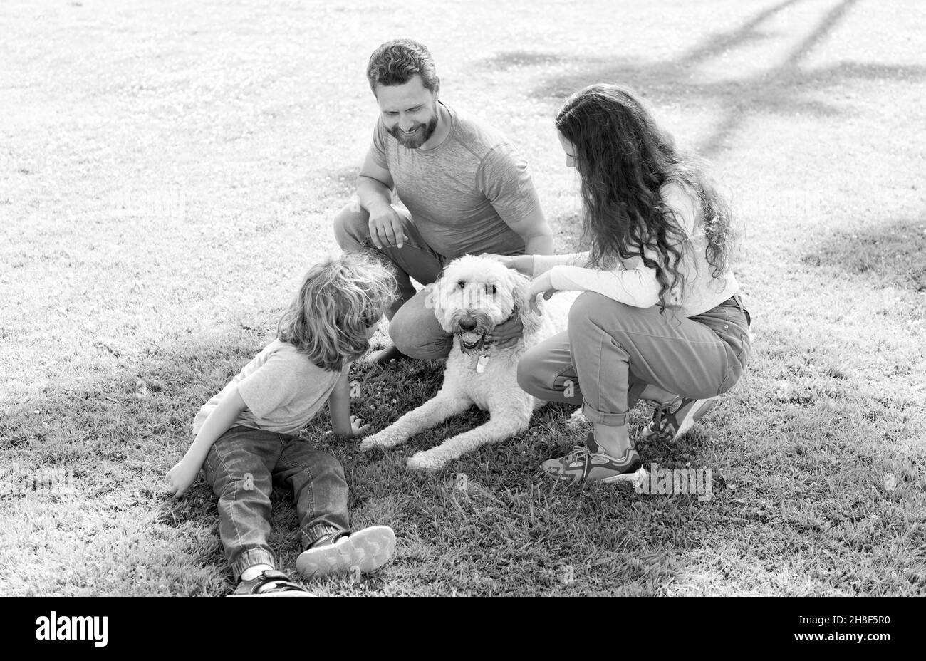happy family of mother father and son playing with dog in park on green grass, family Stock Photo