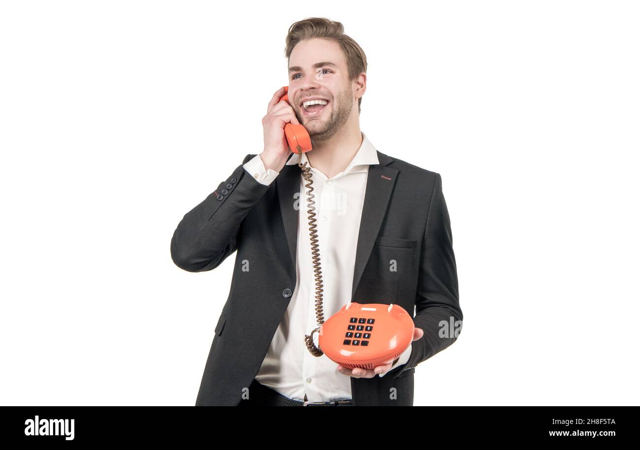 Hello. Happy telephone call manager. Happy man is on vintage phone. Telephone call Stock Photo